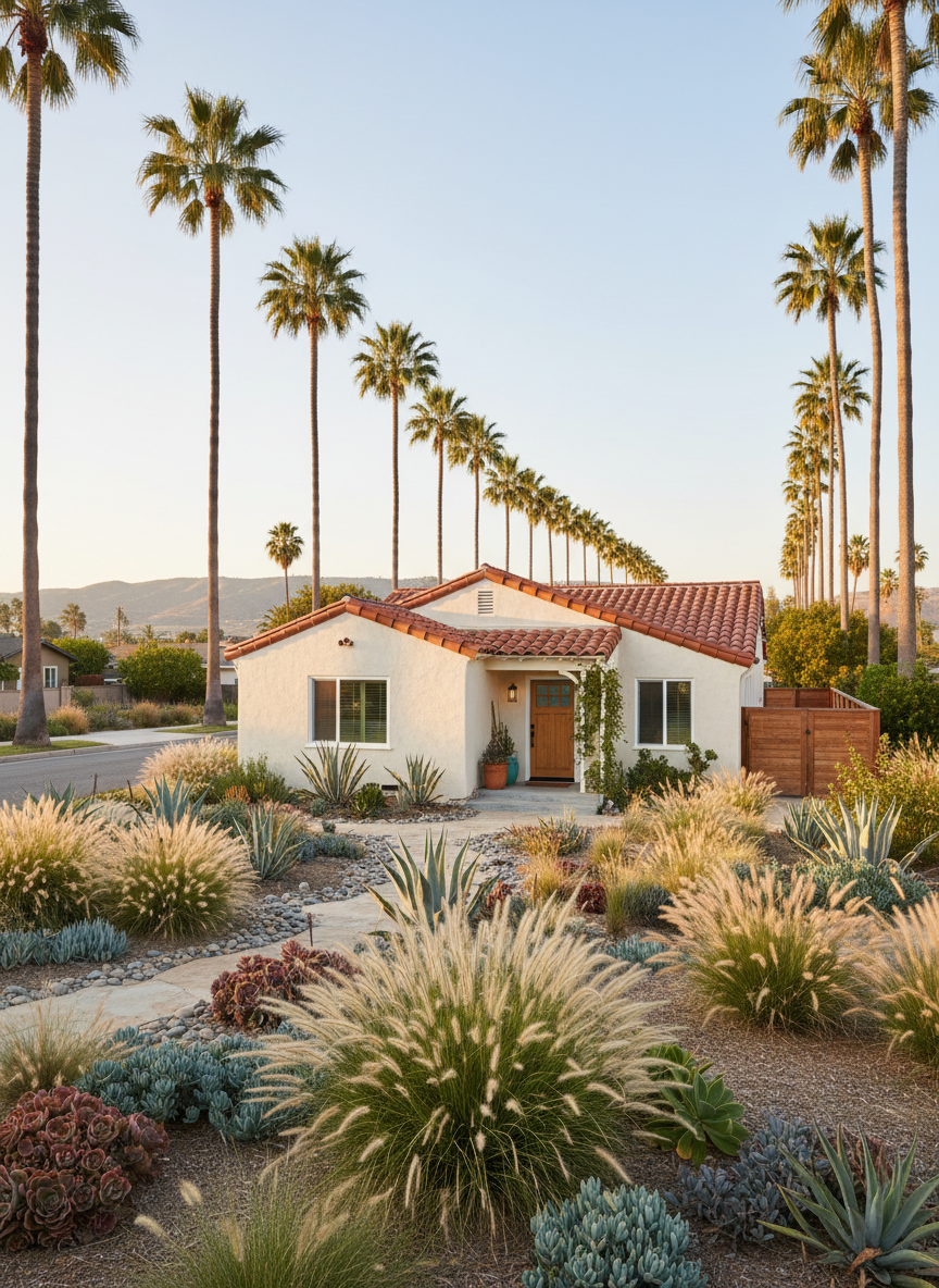 An inviting Southern California bungalow with a light stucco exterior, clay tile roof, and well-kept drought-tolerant front yard featuring native grasses and succulents. The home sits on a quiet residential street lined with mature palm trees, with a distant view of low hills. Late afternoon golden sunlight washes over the facade, creating soft, warm highlights and gentle shadows under the eaves. The composition is eye-level and slightly angled from the curb, with crisp photographic realism and sharp focus throughout. The atmosphere feels attainable, stable, and welcoming, supporting the idea of community-centered homeownership in a clean, modern, professional aesthetic.