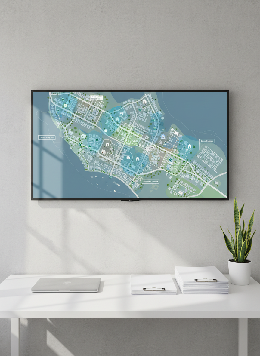 A bright, modern neighborhood map of Southern California displayed on a large wall-mounted digital screen in a sleek office environment. The map highlights multiple residential areas with subtle blue and green overlays and small house icons indicating community investment opportunities. A neatly organized white desk below holds a closed laptop, a stack of printed property reports, and a small potted snake plant. Soft, diffused daylight enters from an unseen window, creating gentle reflections on the screen and a calm, focused mood. Shot straight-on at eye level in photographic realism, with balanced composition and clear legible map details, conveying organized, professional real estate analysis for local communities.
