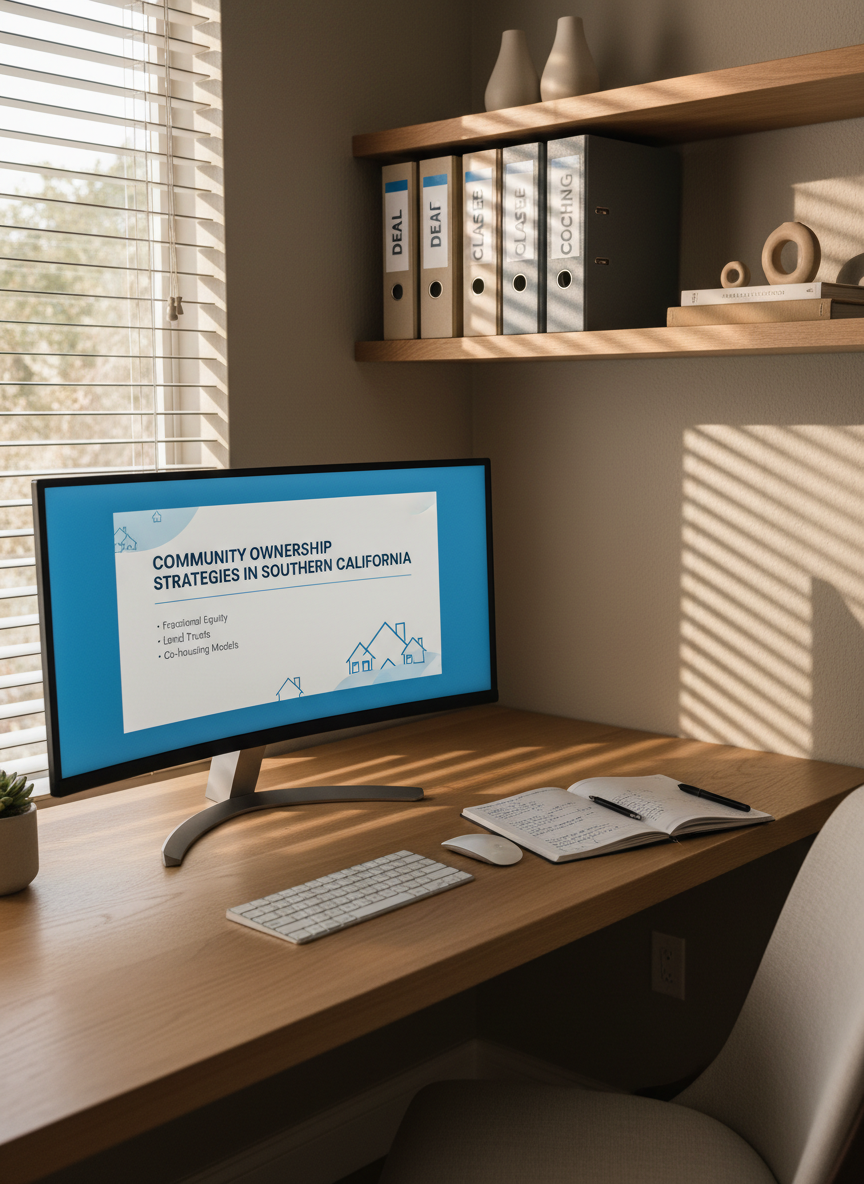A cozy, well-lit home office corner set up for an online real estate class, featuring a large curved monitor displaying a slide titled “Community Ownership Strategies in Southern California” with a clean blue and white theme and small home icons. A slim, silver keyboard and mouse sit on a light oak desk along with a lined notebook filled with neat handwritten notes and a fine-tip pen. Behind the monitor, built-in shelving holds organized binders labeled “Deals,” “Classes,” and “Coaching,” along with a few tasteful ceramic decor pieces. Soft daylight filters through partially open blinds, creating linear shadows on the wall. Photographic realism, eye-level framing, and a calm, studious mood reflect professional, accessible education.