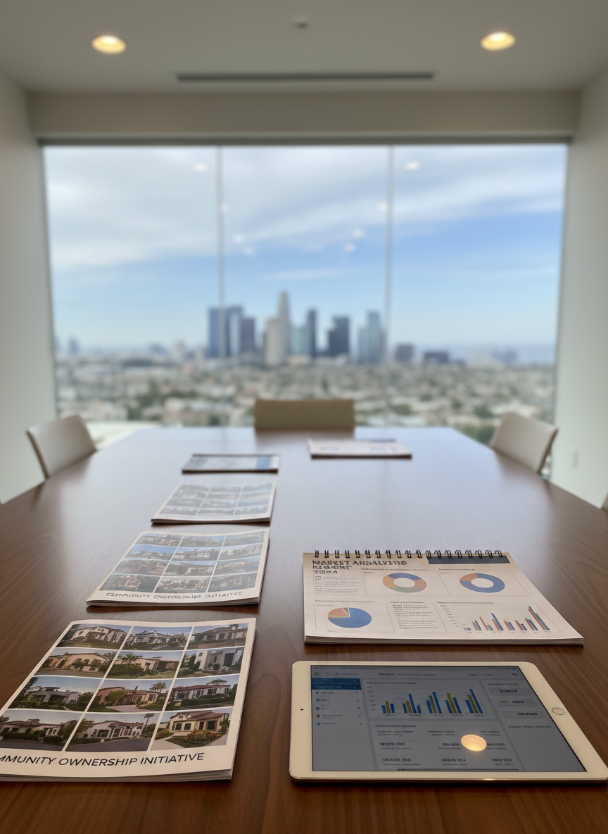 A polished conference table in a modern real estate meeting room, covered with neatly arranged materials about community ownership: high-quality printed brochures showing diverse Southern California homes, a detailed market analysis report with color charts, and a tablet displaying a property portfolio dashboard. The table is a smooth, dark wood surface with subtle grain, surrounded by clean white walls and a glass partition revealing a blurred cityscape outside. Warm overhead recessed lighting combines with soft natural light from large windows, creating balanced illumination and slight reflections on the tablet screen. Photographic realism, eye-level composition, and a shallow depth of field give the scene a professional, educational atmosphere suited for coaching and classes about real estate investing.