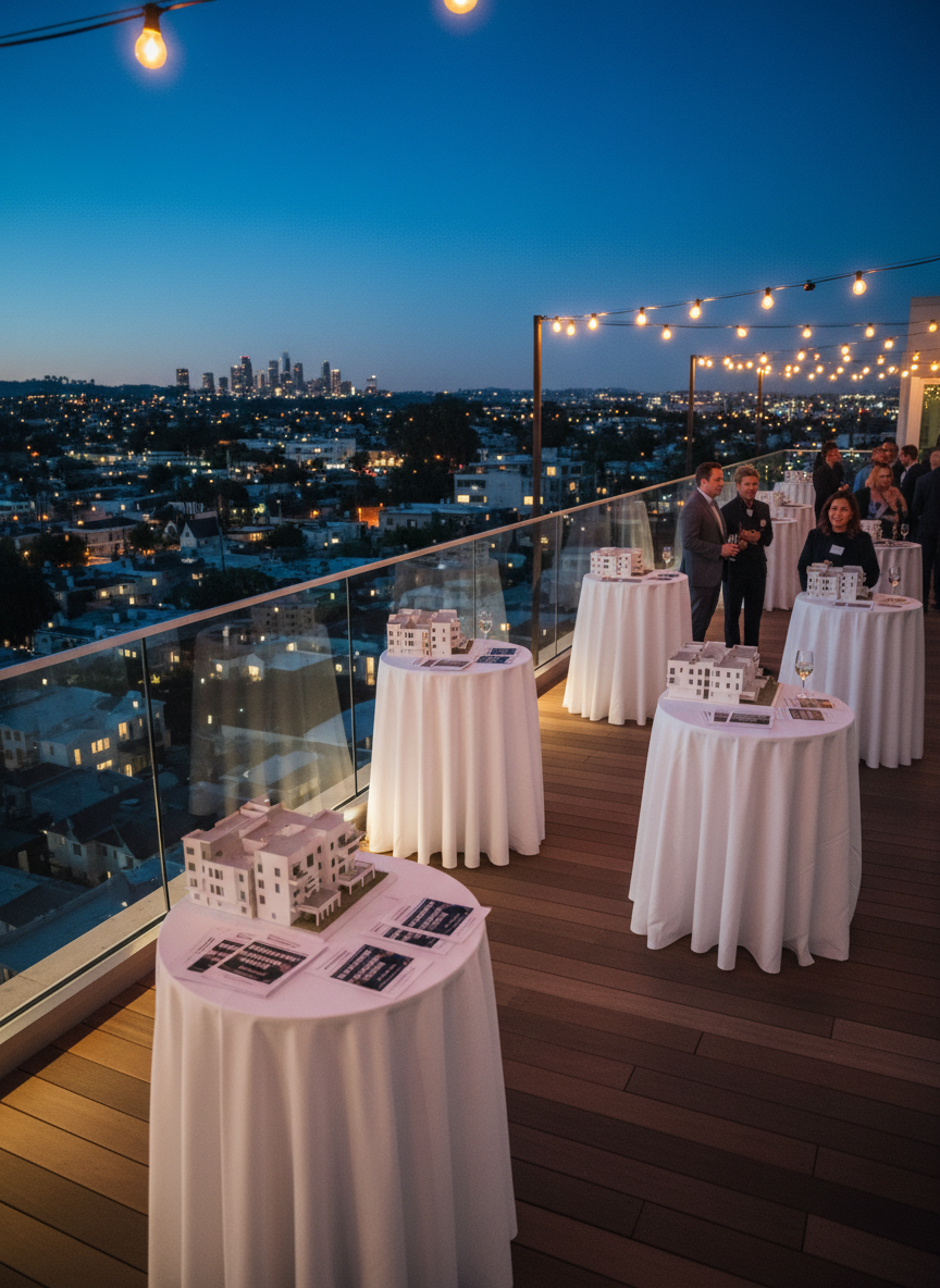 An evening rooftop terrace in Southern California transformed into a real estate event space, overlooking a softly glowing urban skyline and clusters of residential neighborhoods. High-top cocktail tables with simple white tablecloths hold neatly stacked flyers titled “CommunityOwn Investment Night” next to miniature architectural models of duplexes and small apartment buildings. Subtle string lights cast a warm, ambient glow, mixing with the cool blue of the twilight sky. A glass railing reflects scattered city lights, adding depth. The composition is slightly elevated and wide, capturing the terrace, materials, and layered city backdrop in photographic realism. The mood is optimistic and professional, suggesting a forward-thinking gathering about community-centered property investment and local ownership.
