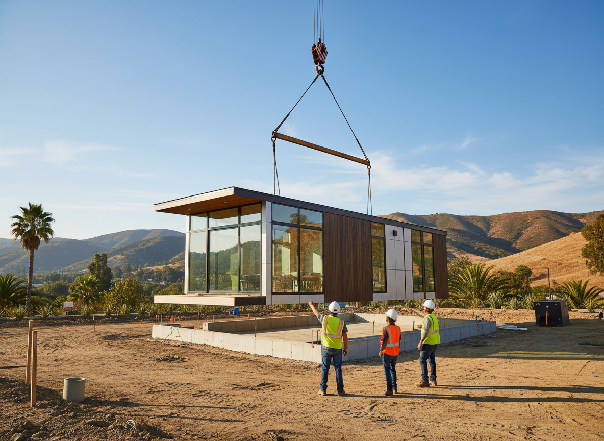Modular home being craned into place on a Southern California building lot
