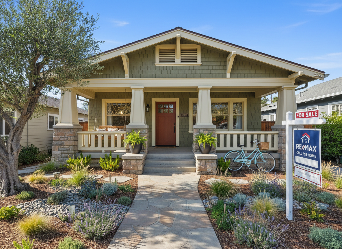 California bungalow with front porch and landscaped yard ready for sale