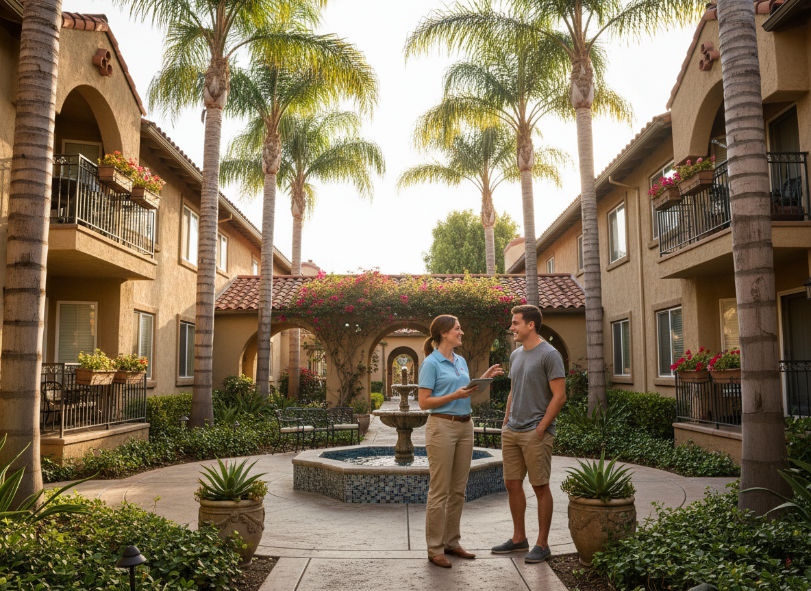 Property manager speaking with a resident in a sunny Southern California apartment courtyard