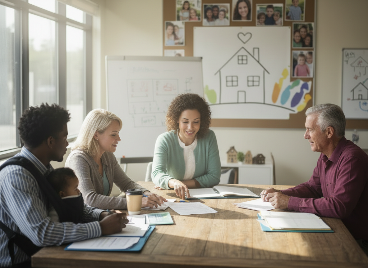 Keep the same warm, authentic community-centered neighborhood resource center scene, but reduce the group to two or three people: one or two diverse homebuyers with one community housing advisor reviewing real estate financing documents together. Preserve the welcoming collaborative atmosphere, subtle cues of homeownership and community development, professional documentary-style photography, natural light, inclusive and optimistic, realistic, no readable text, no logos.